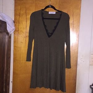 gypsy warrior vneck lace trim dress olive green